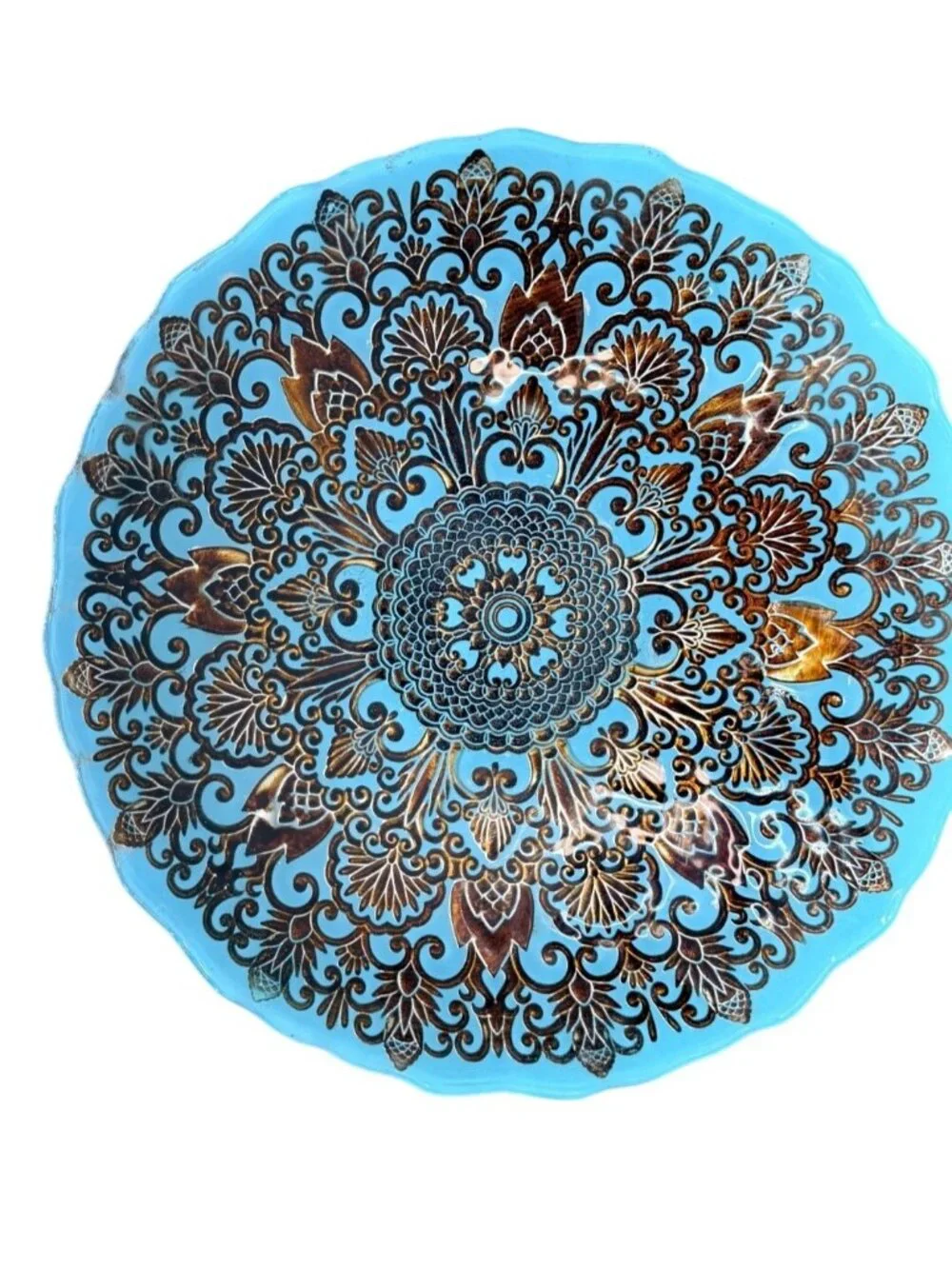 Turkish Glass Decorative Bowl Teal Blue Bronze Embossed Mandala Ornate-Gorgeous